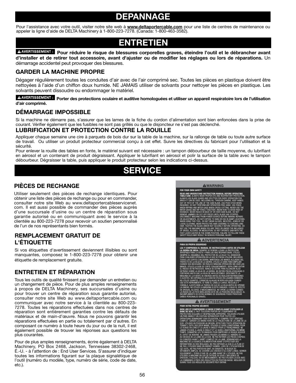 Service, Depannage, Entretien | Entretien et réparation, Pièces de rechange, Garder la machine propre, Démarrage impossible, Lubrification et protection contre la rouille, Remplacement gratuit de l'étiquette | Delta N028314 User Manual | Page 56 / 88