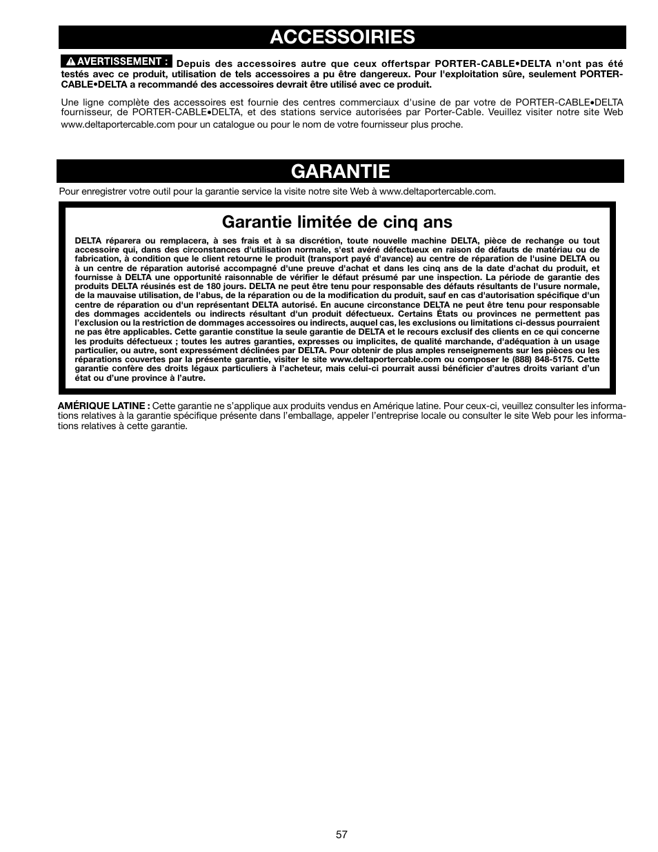 Accessoiries garantie, Garantie limitée de cinq ans | Delta N028314 User Manual | Page 57 / 88