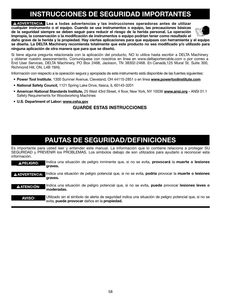 Instrucciones de seguridad importantes, Pautas de seguridad/definiciones | Delta N028314 User Manual | Page 58 / 88