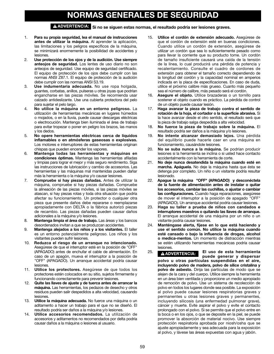 Normas generales de seguridad | Delta N028314 User Manual | Page 59 / 88
