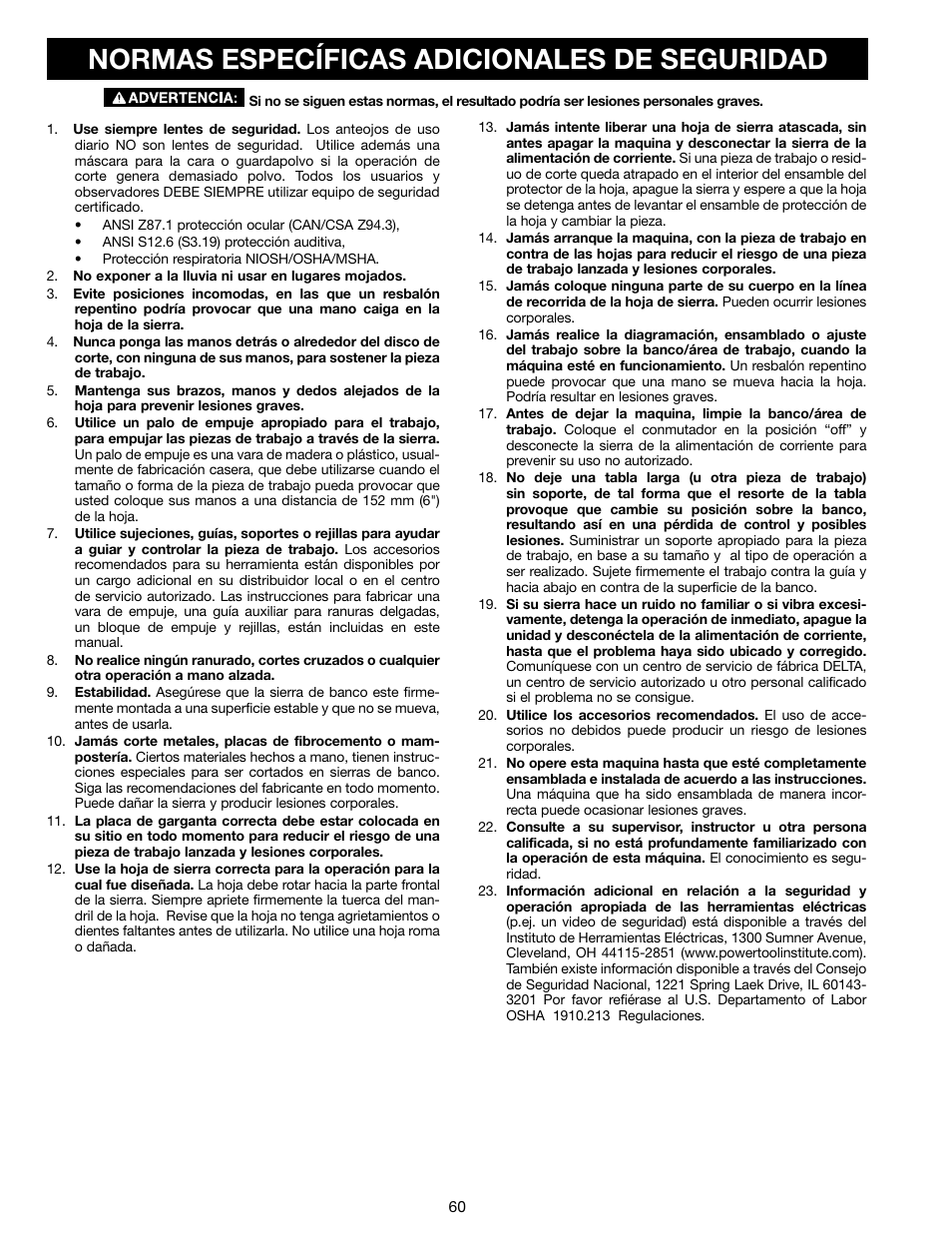 Normas específicas adicionales de seguridad | Delta N028314 User Manual | Page 60 / 88