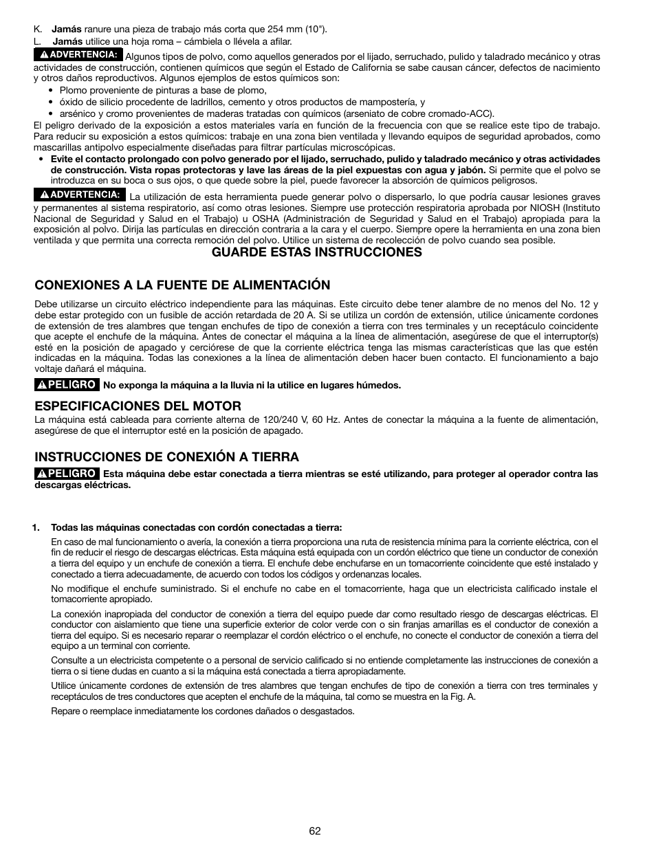 Especificaciones del motor, Instrucciones de conexión a tierra | Delta N028314 User Manual | Page 62 / 88