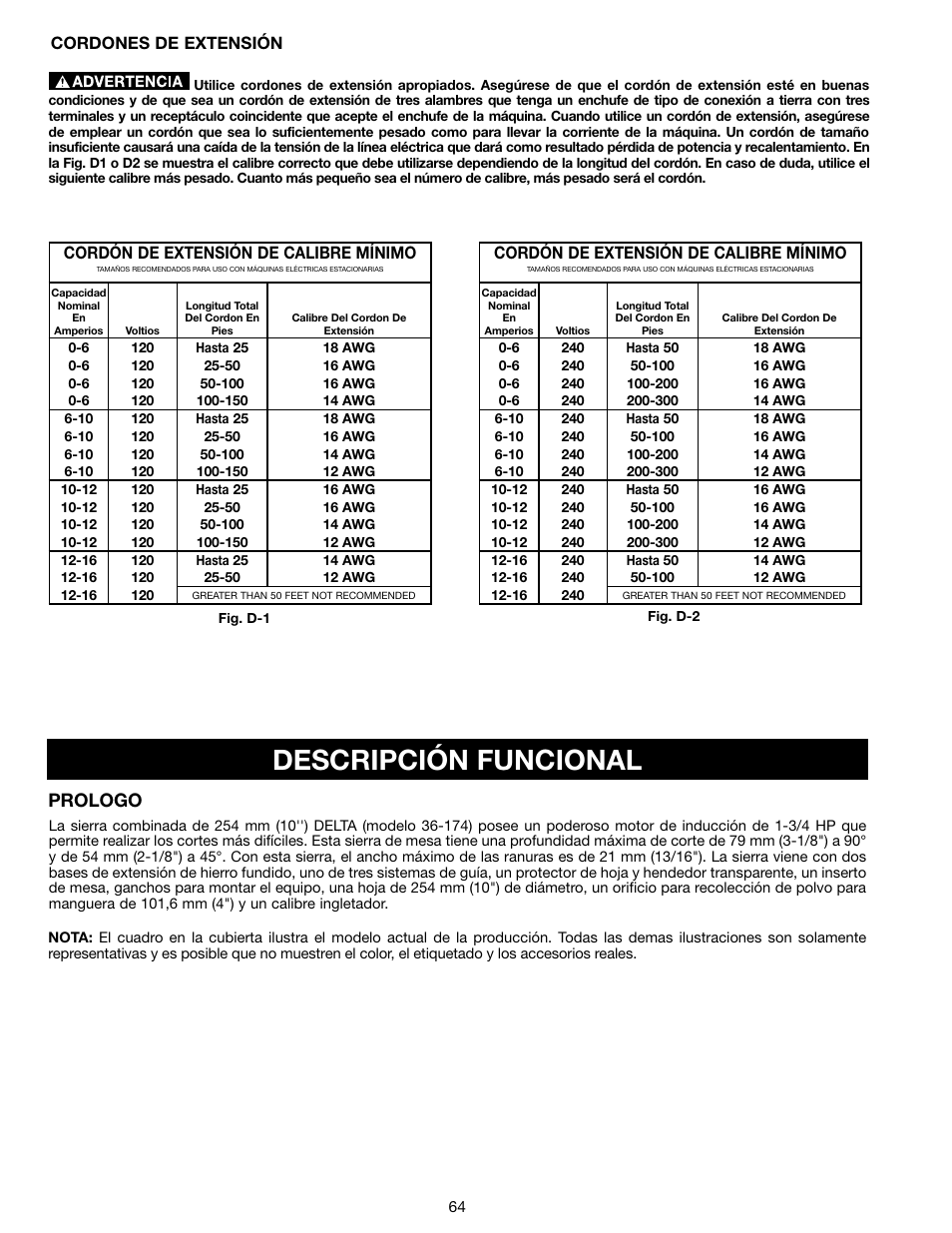 Descripción funcional, Prologo, Cordón de extensión de calibre mínimo | Cordones de extensión | Delta N028314 User Manual | Page 64 / 88