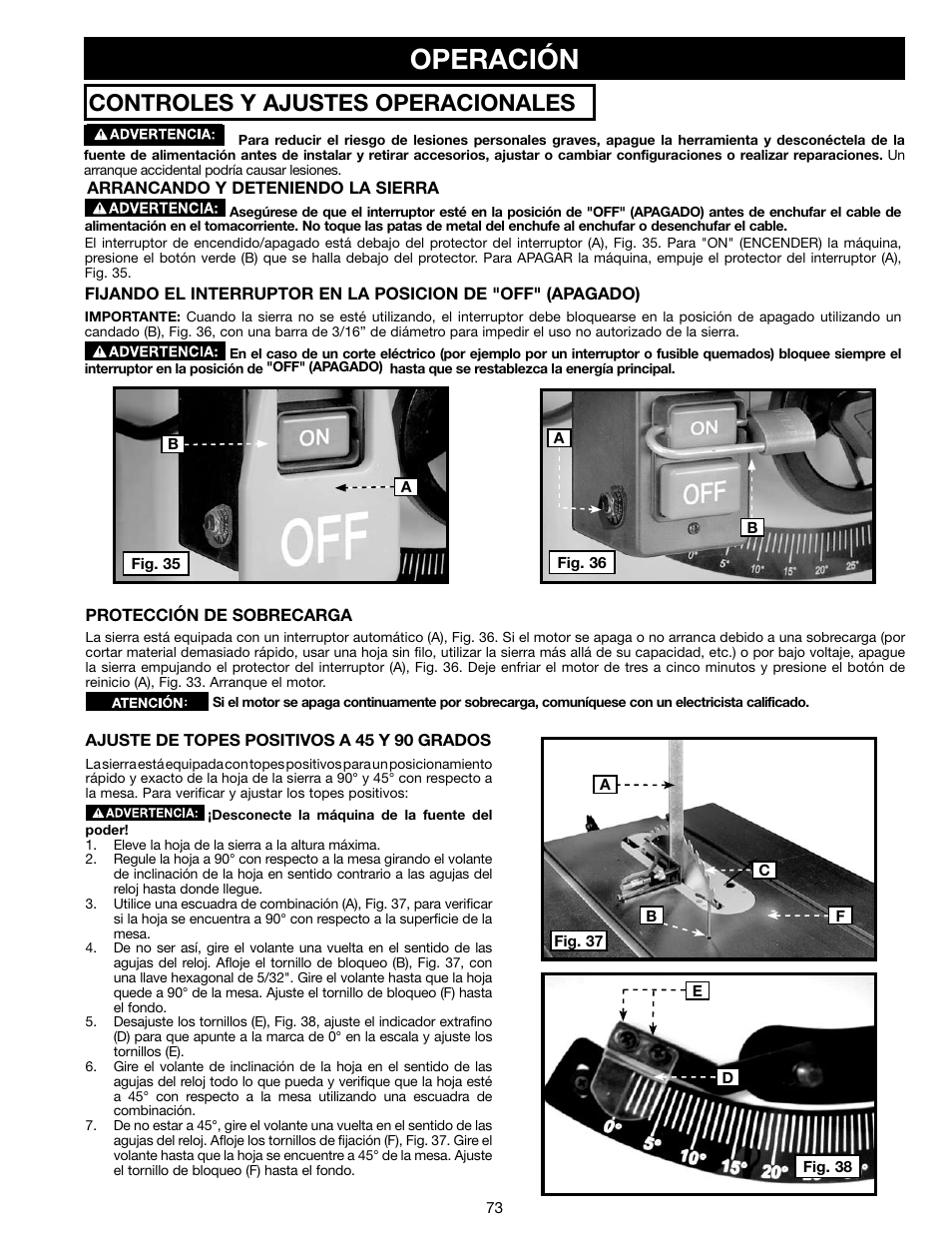 Operación, Controles y ajustes operacionales | Delta N028314 User Manual | Page 73 / 88