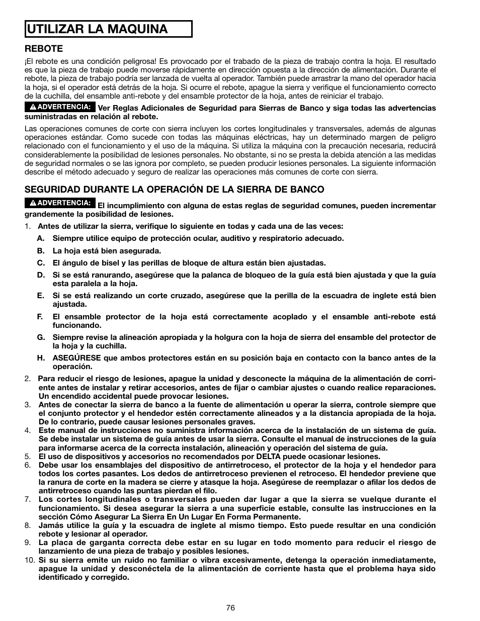 Utilizar la maquina | Delta N028314 User Manual | Page 76 / 88