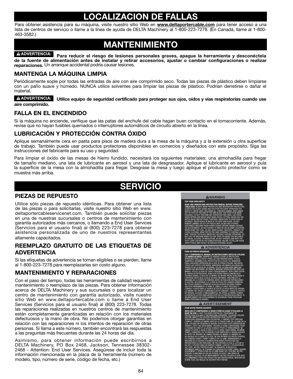 Servicio, Localizacion de fallas, Mantenimiento | Mantenga la máquina limpia, Falla en el encendido, Lubricación y protección contra óxido, Piezas de repuesto, Reemplazo gratuito de las etiquetas de advertencia, Mantenimiento y reparaciones | Delta N028314 User Manual | Page 84 / 88