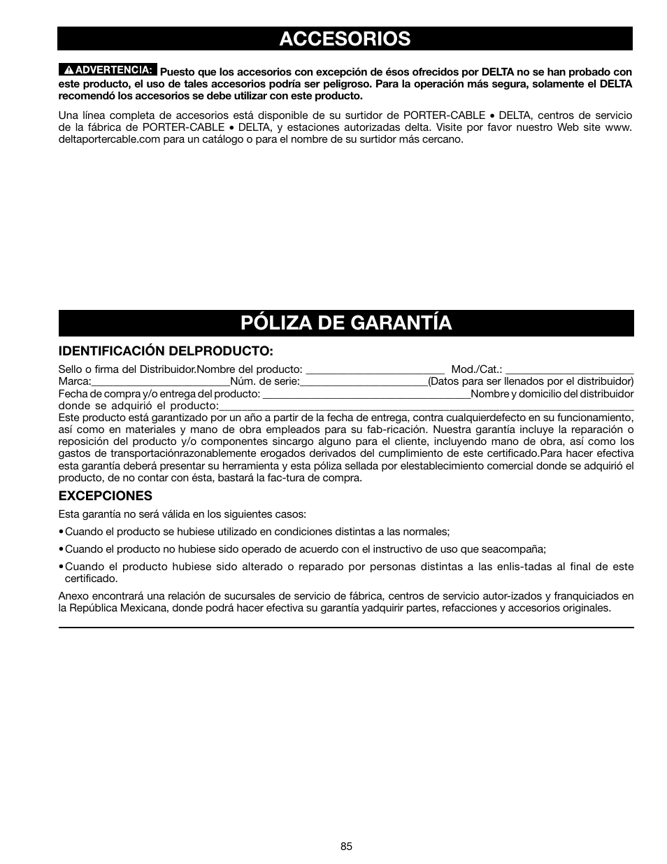 Accesorios, Póliza de garantía | Delta N028314 User Manual | Page 85 / 88