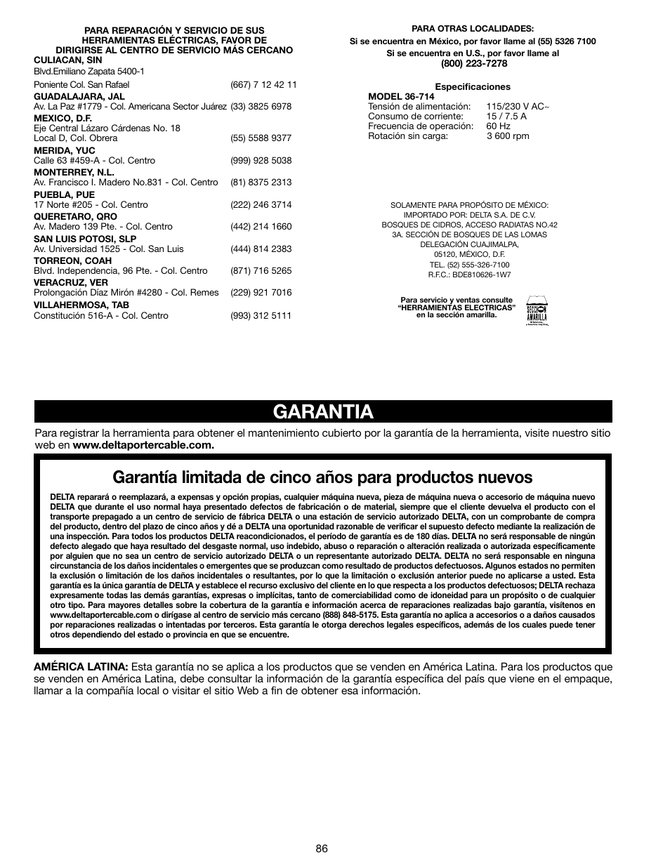 Garantia | Delta N028314 User Manual | Page 86 / 88