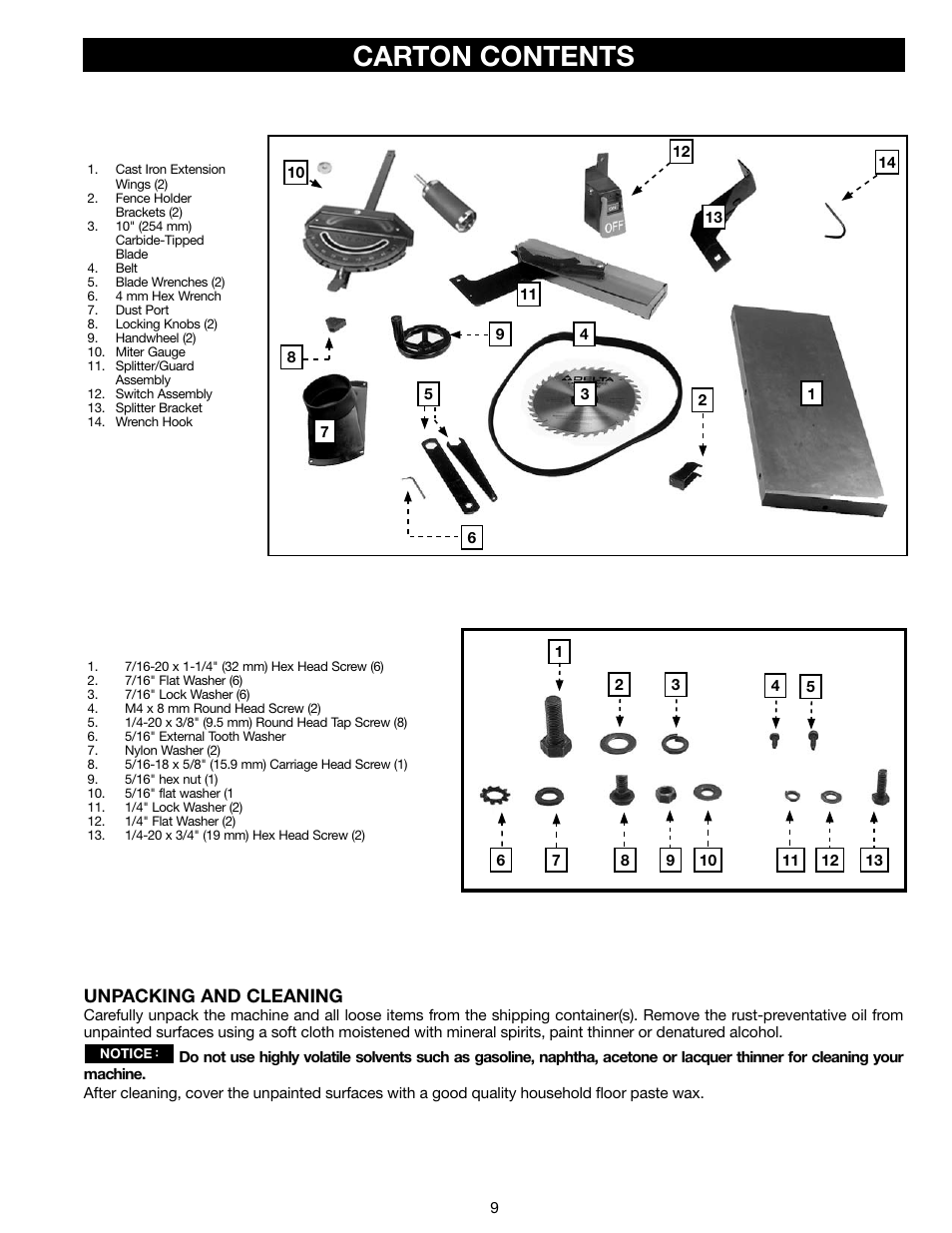 Carton contents, Unpacking and cleaning | Delta N028314 User Manual | Page 9 / 88