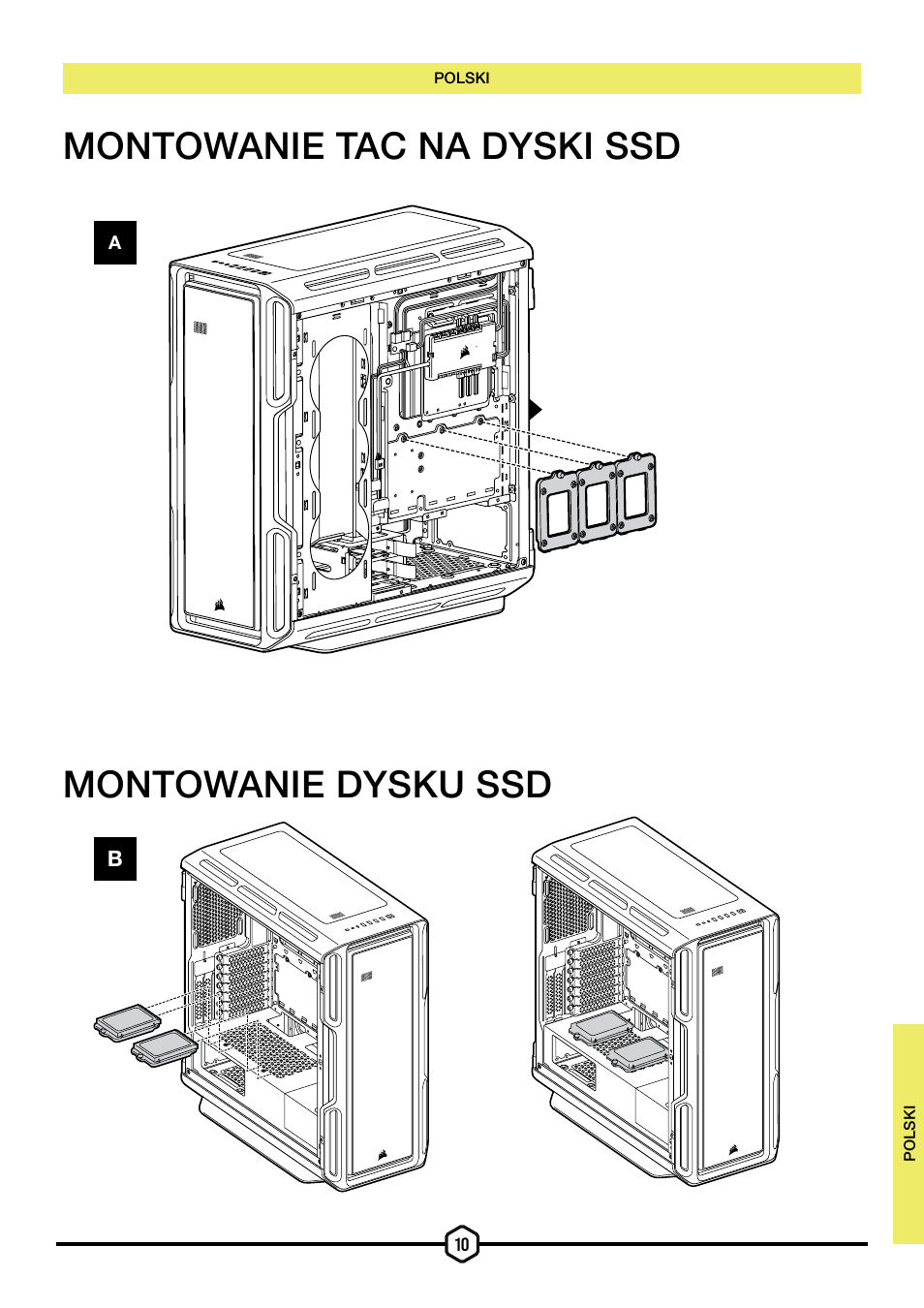 Montowanie dysku ssd montowanie tac na dyski ssd | Corsair iCUE 5000T Mid Tower Desktop Case (Black) User Manual | Page 102 / 145