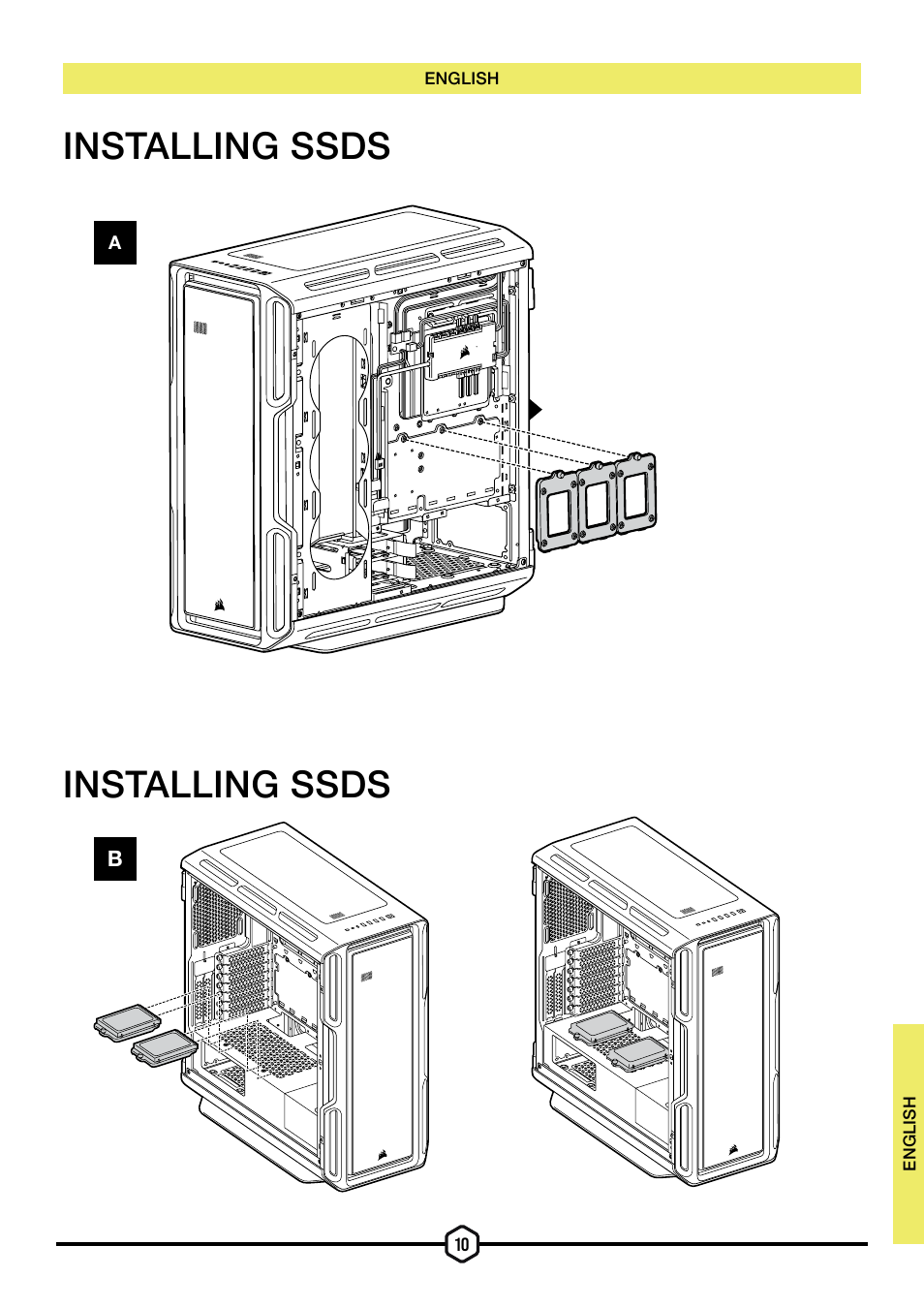 Installing ssds | Corsair iCUE 5000T Mid Tower Desktop Case (Black) User Manual | Page 11 / 145