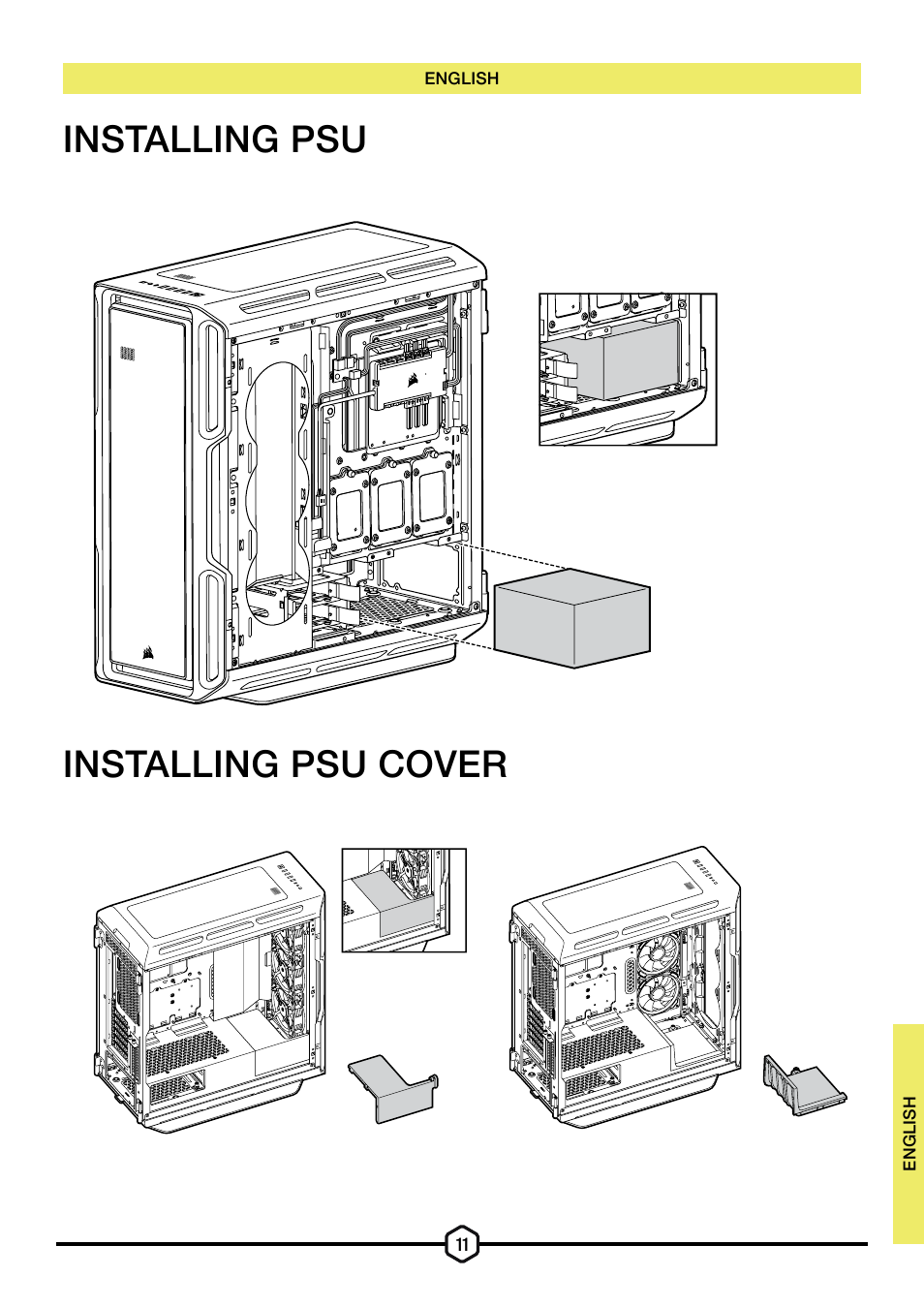 Installing psu installing psu cover | Corsair iCUE 5000T Mid Tower Desktop Case (Black) User Manual | Page 12 / 145