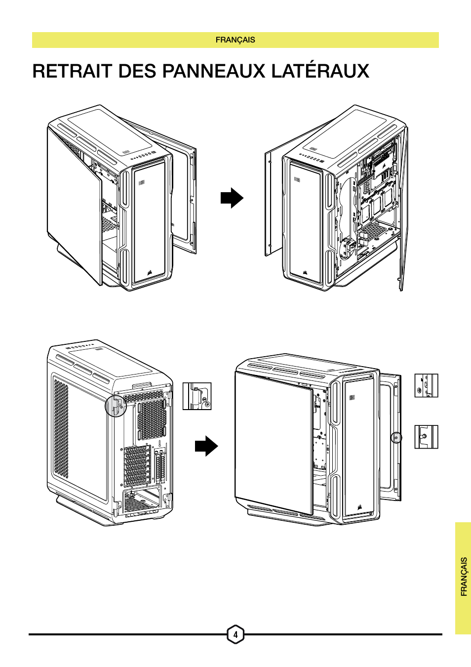 Retrait des panneaux latéraux | Corsair iCUE 5000T Mid Tower Desktop Case (Black) User Manual | Page 18 / 145