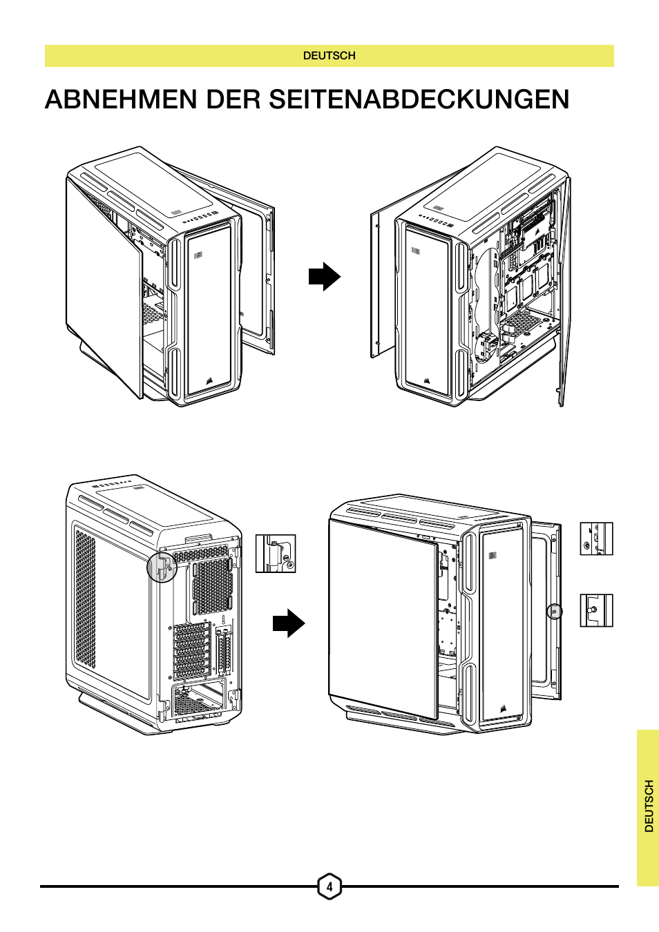 Abnehmen der seitenabdeckungen | Corsair iCUE 5000T Mid Tower Desktop Case (Black) User Manual | Page 31 / 145