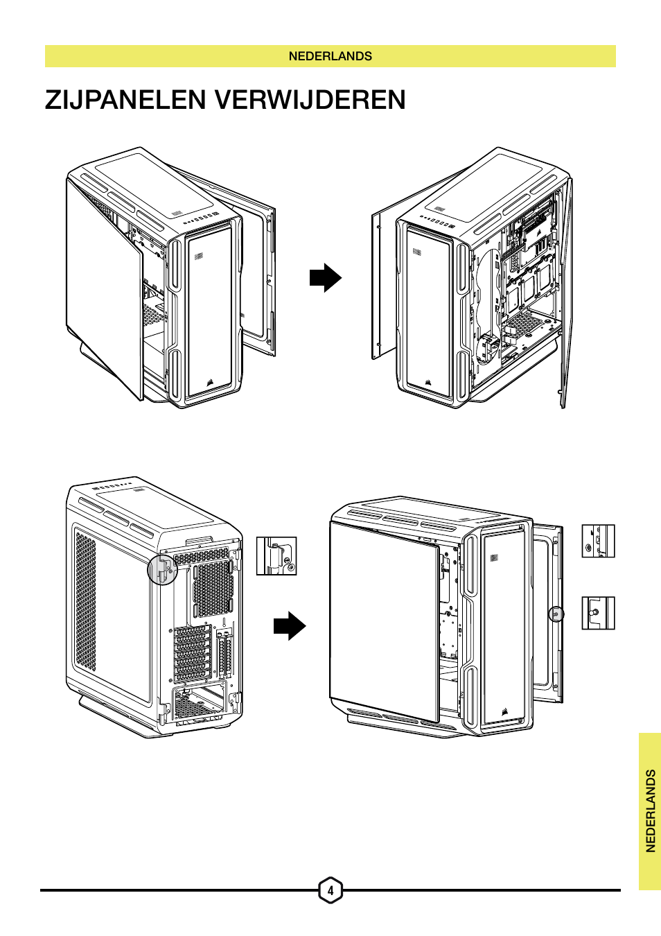 Zijpanelen verwijderen | Corsair iCUE 5000T Mid Tower Desktop Case (Black) User Manual | Page 44 / 145