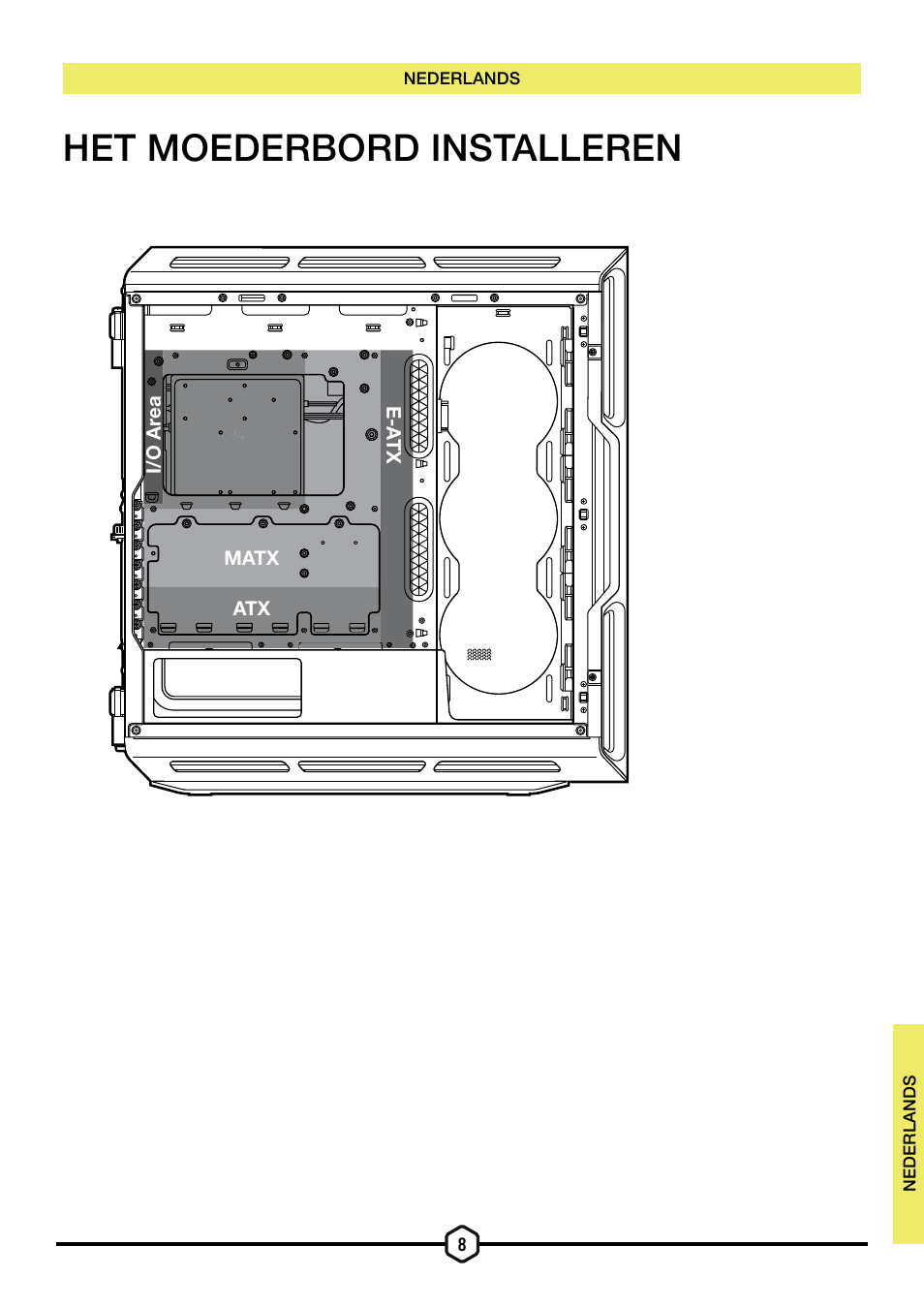 Het moederbord installeren | Corsair iCUE 5000T Mid Tower Desktop Case (Black) User Manual | Page 48 / 145