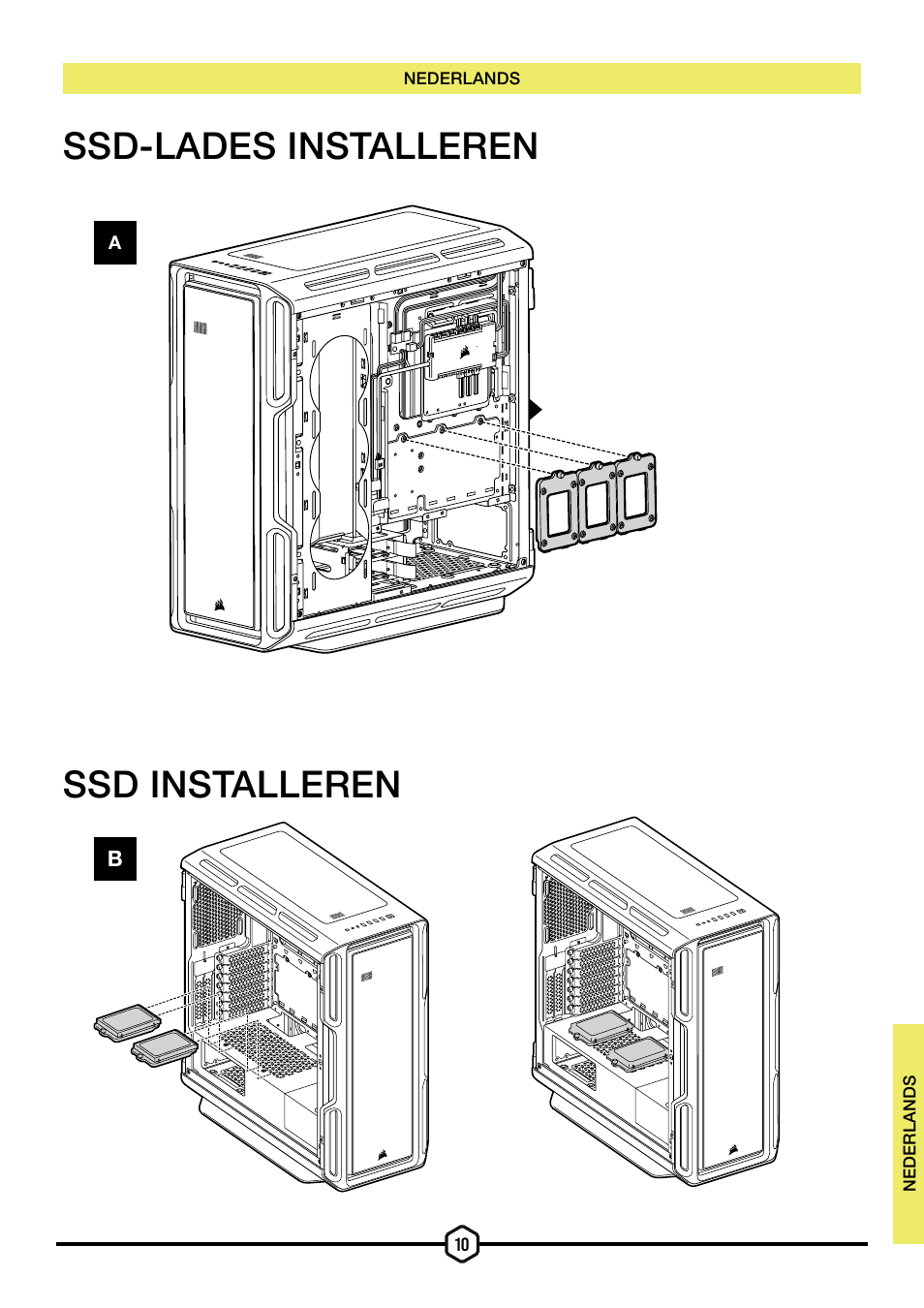 Ssd installeren ssd-lades installeren | Corsair iCUE 5000T Mid Tower Desktop Case (Black) User Manual | Page 50 / 145