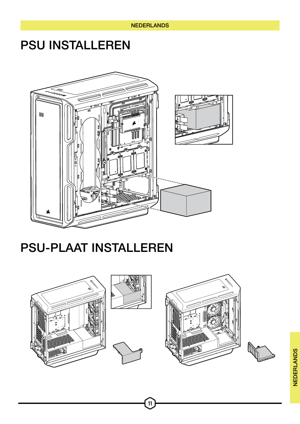 Psu installeren psu-plaat installeren | Corsair iCUE 5000T Mid Tower Desktop Case (Black) User Manual | Page 51 / 145