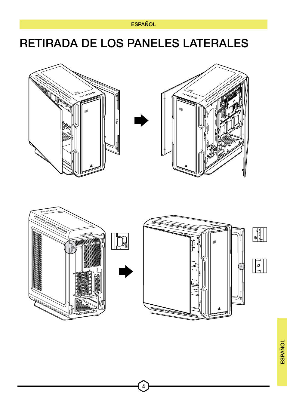 Retirada de los paneles laterales | Corsair iCUE 5000T Mid Tower Desktop Case (Black) User Manual | Page 70 / 145