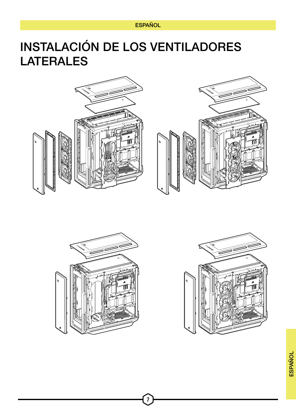 Instalación de los ventiladores laterales | Corsair iCUE 5000T Mid Tower Desktop Case (Black) User Manual | Page 73 / 145