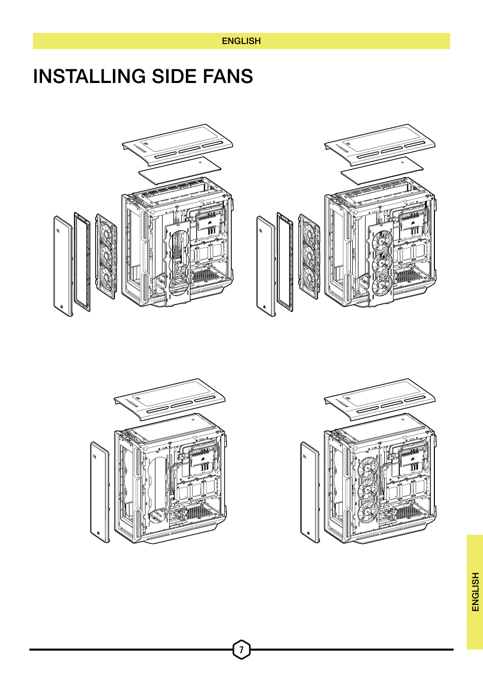 Installing side fans | Corsair iCUE 5000T Mid Tower Desktop Case (Black) User Manual | Page 8 / 145