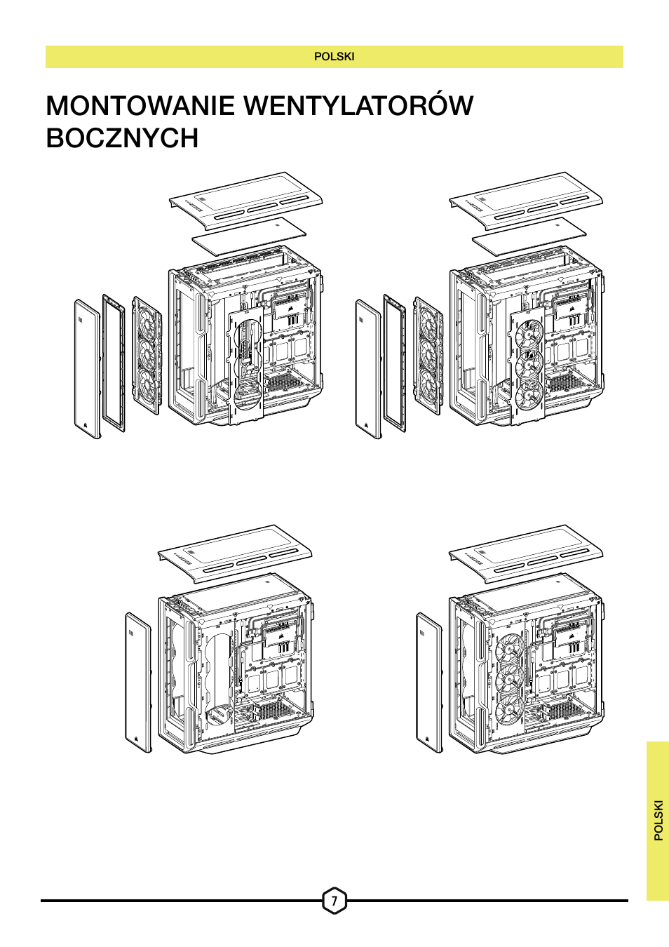 Montowanie wentylatorów bocznych | Corsair iCUE 5000T Mid Tower Desktop Case (Black) User Manual | Page 99 / 145