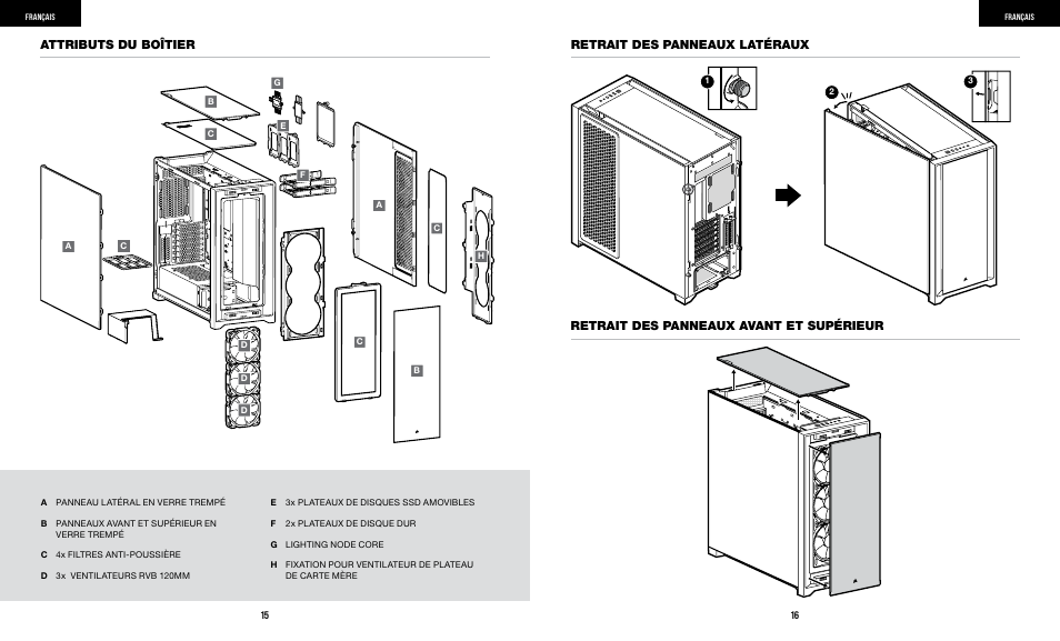 Retrait des panneaux latéraux attributs du boîtier, Retrait des panneaux avant et supérieur | Corsair iCUE 5000X RGB Mid-Tower SmDesktop Case (White) User Manual | Page 10 / 68