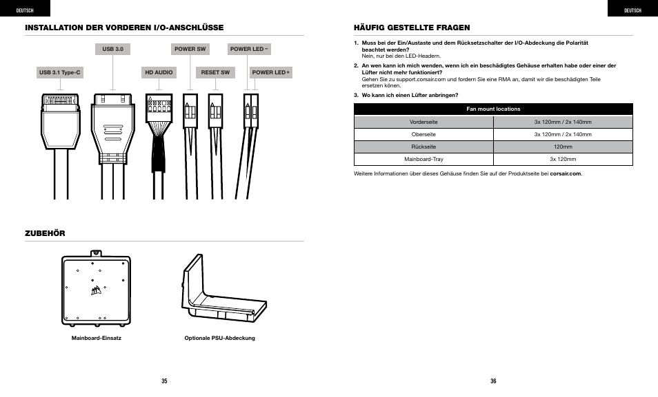 Installation der vorderen i/o-anschlüsse zubehör, Häufig gestellte fragen | Corsair iCUE 5000X RGB Mid-Tower SmDesktop Case (White) User Manual | Page 20 / 68