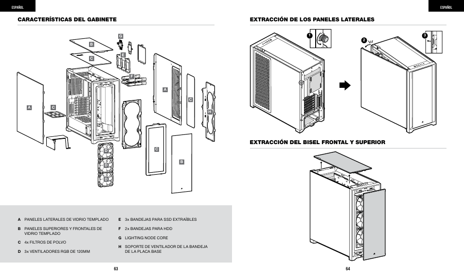 Extracción del bisel frontal y superior | Corsair iCUE 5000X RGB Mid-Tower SmDesktop Case (White) User Manual | Page 34 / 68