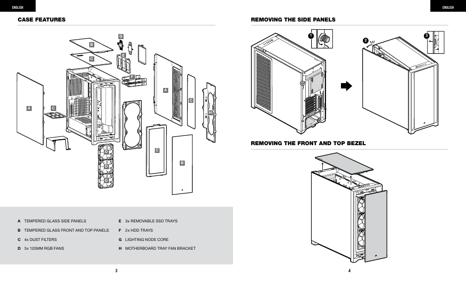 Removing the side panels case features, Removing the front and top bezel | Corsair iCUE 5000X RGB Mid-Tower SmDesktop Case (White) User Manual | Page 4 / 68
