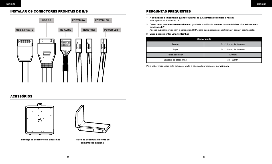 Instalar os conectores frontais de e/s acessórios, Perguntas frequentes | Corsair iCUE 5000X RGB Mid-Tower SmDesktop Case (White) User Manual | Page 44 / 68