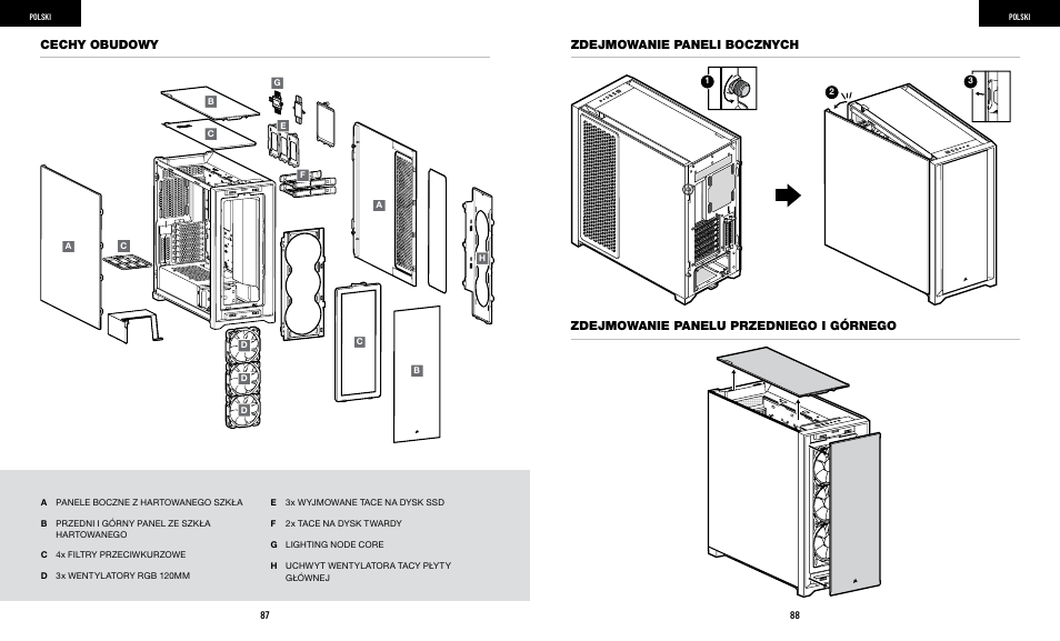 Zdejmowanie paneli bocznych cechy obudowy, Zdejmowanie panelu przedniego i górnego | Corsair iCUE 5000X RGB Mid-Tower SmDesktop Case (White) User Manual | Page 46 / 68