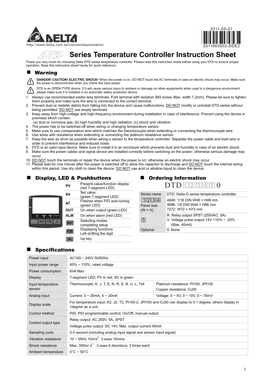 Delta Temperature Controller DTD Series User Manual | 7 pages