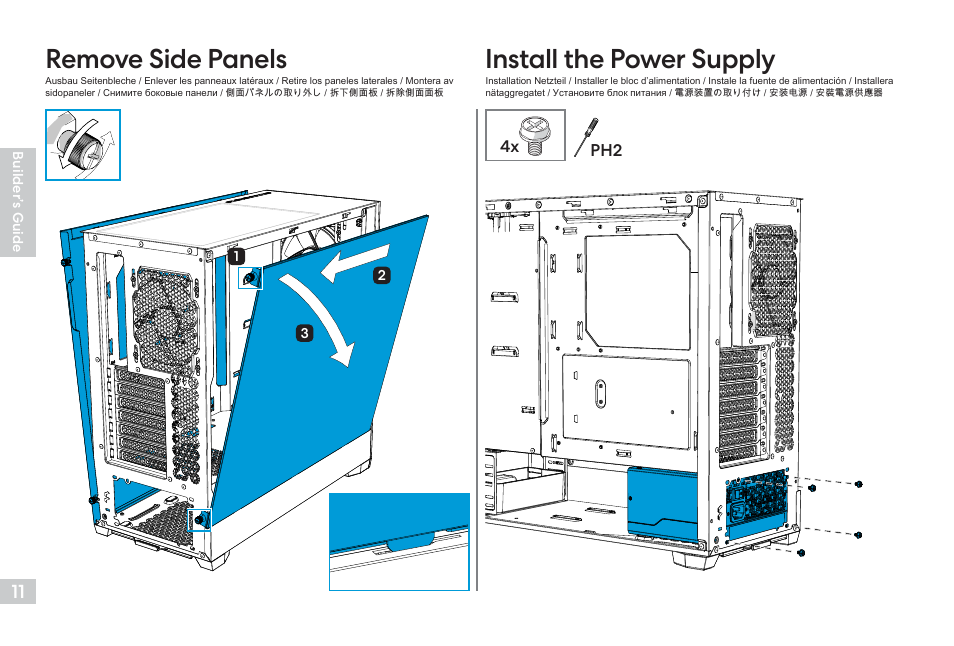 Remove side panels, Install the power supply | Fractal Design Pop Air Mid-Tower Case (Black with Tempered Glass Window) User Manual | Page 12 / 36