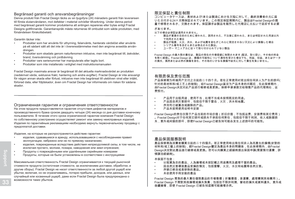 Sup p o rt, 限定保証と責任制限, 有限质保及责任范围 | 產品保固服務說明, Begränsad garanti och ansvarsbegränsningar | Fractal Design Pop Air Mid-Tower Case (Black with Tempered Glass Window) User Manual | Page 34 / 36