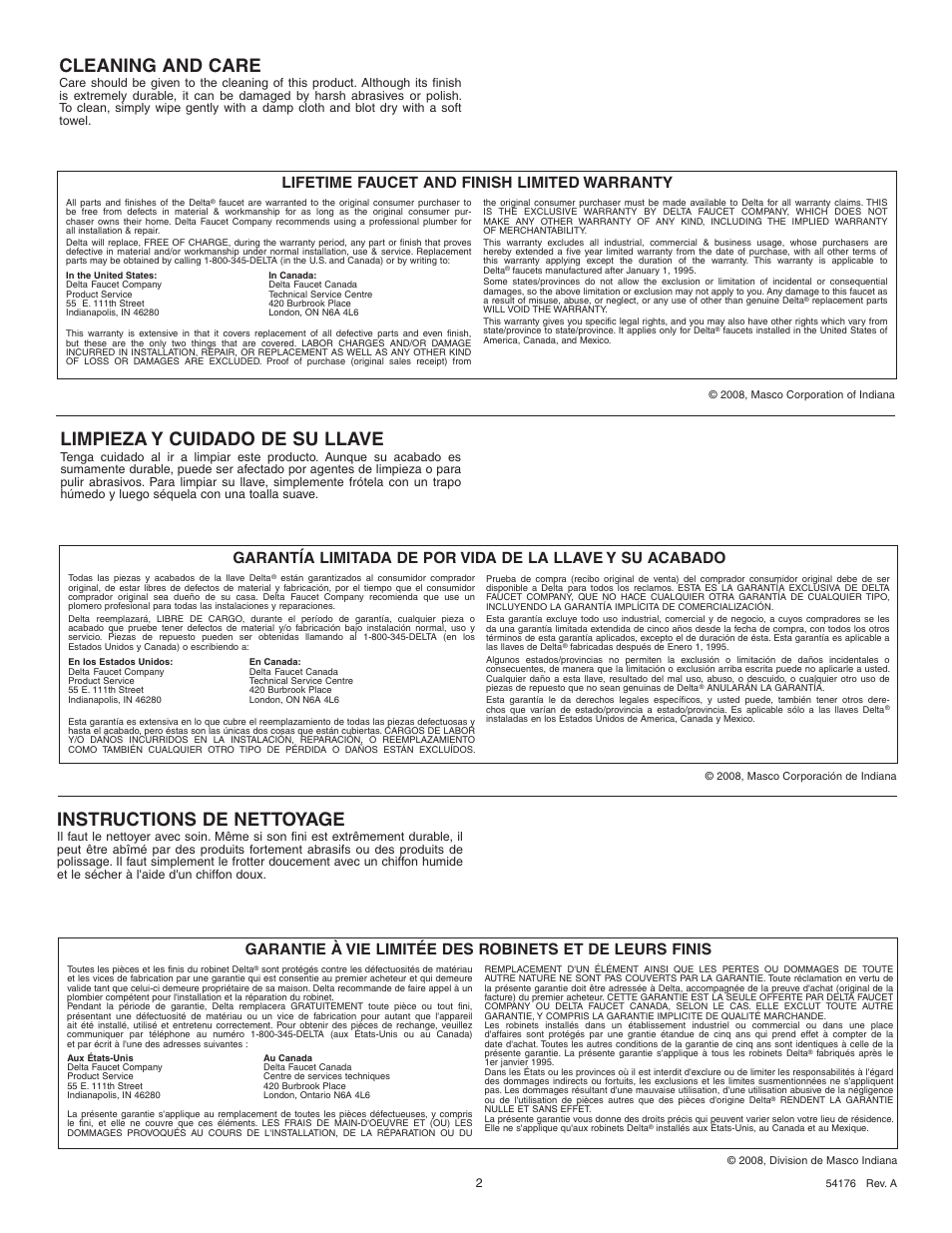 Cleaning and care, Instructions de nettoyage, Limpieza y cuidado de su llave | Lifetime faucet and finish limited warranty | Delta 4575 Series User Manual | Page 2 / 8