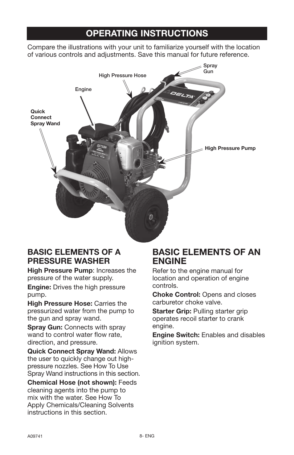 Operating instructions, Basic elements of an engine, Basic elements of a pressure washer | Delta D2750H User Manual | Page 8 / 18