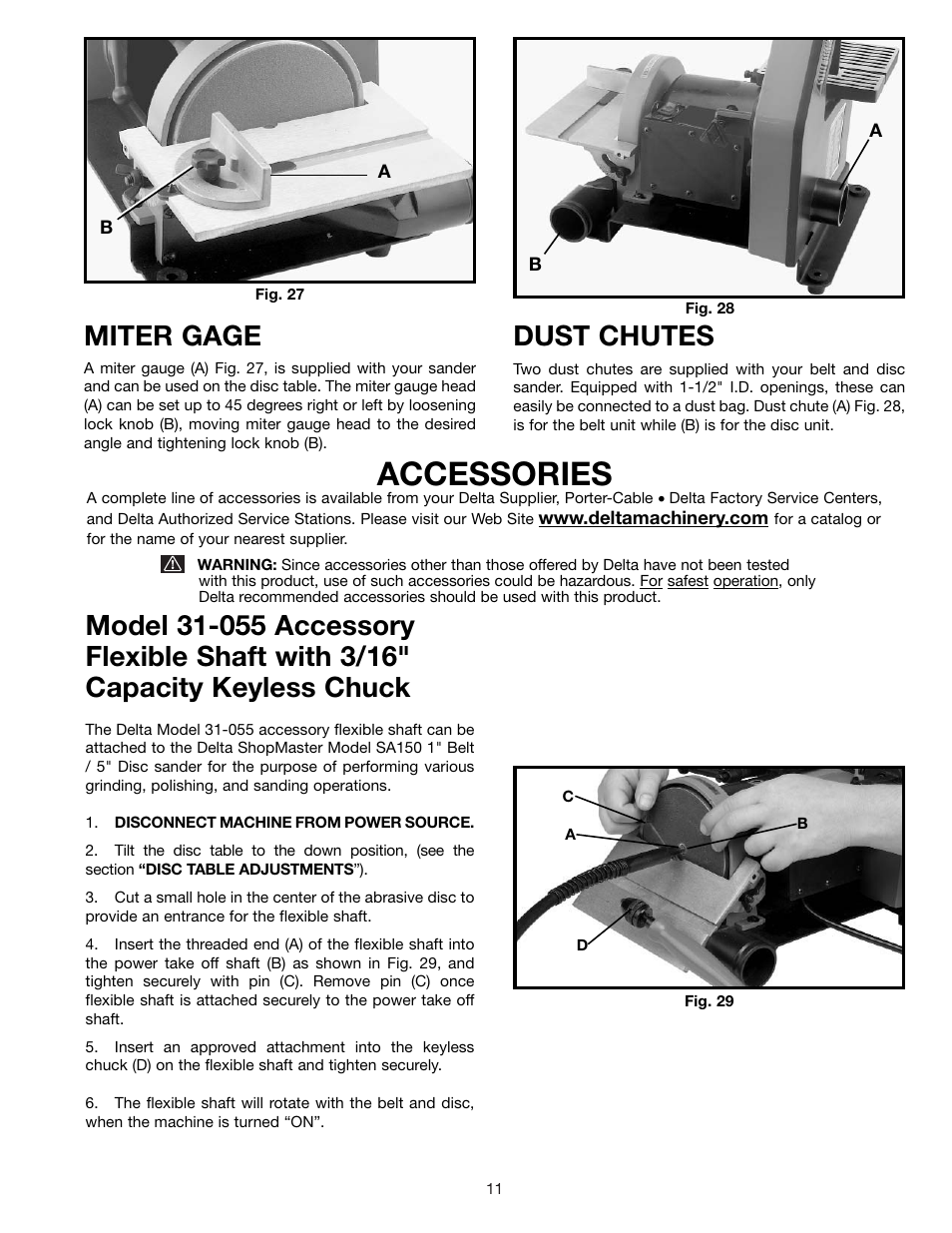 Accessories, Miter gage, Dust chutes | Delta SA150 User Manual | Page 11 / 12