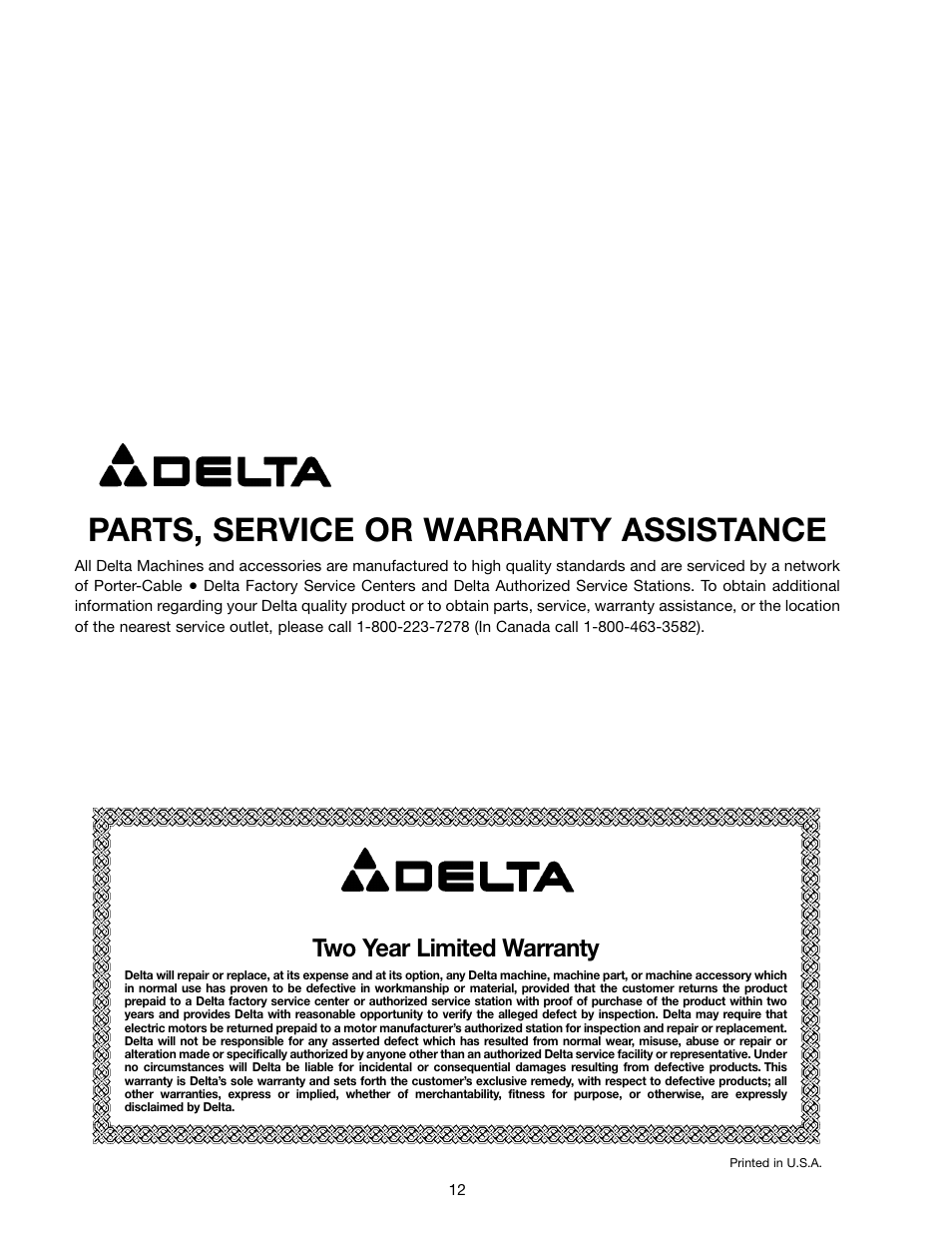 Parts, service or warranty assistance, Two year limited warranty | Delta SA150 User Manual | Page 12 / 12