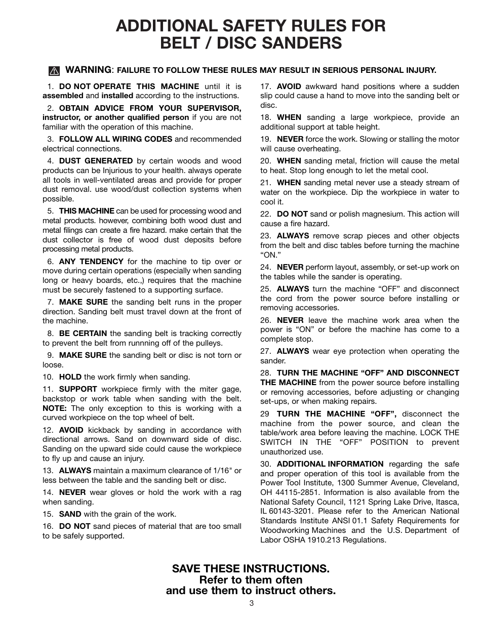 Additional safety rules for belt / disc sanders | Delta SA150 User Manual | Page 3 / 12