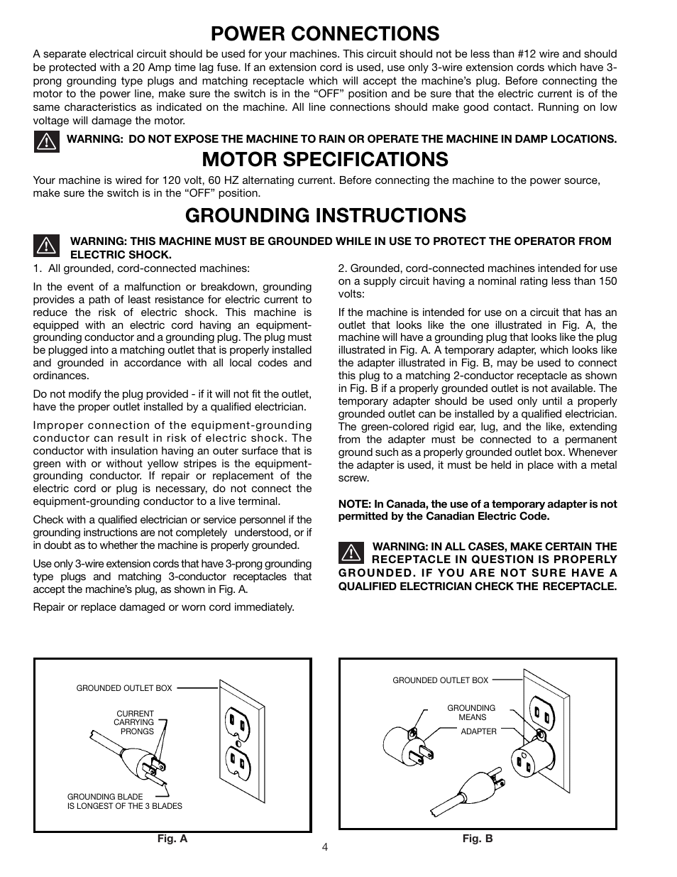 Power connections, Motor specifications, Grounding instructions | Delta SA150 User Manual | Page 4 / 12