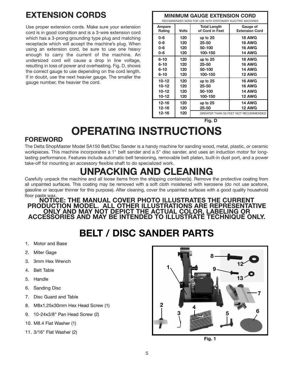 Operating instructions, Unpacking and cleaning, Belt / disc sander parts | Extension cords, Foreword | Delta SA150 User Manual | Page 5 / 12