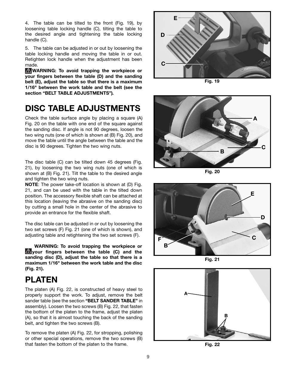 Disc table adjustments, Platen | Delta SA150 User Manual | Page 9 / 12