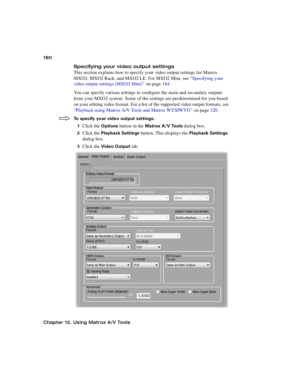 Specifying your video output settings | Matrox MXO2 PCIe Host Adapter User Manual | Page 204 / 388