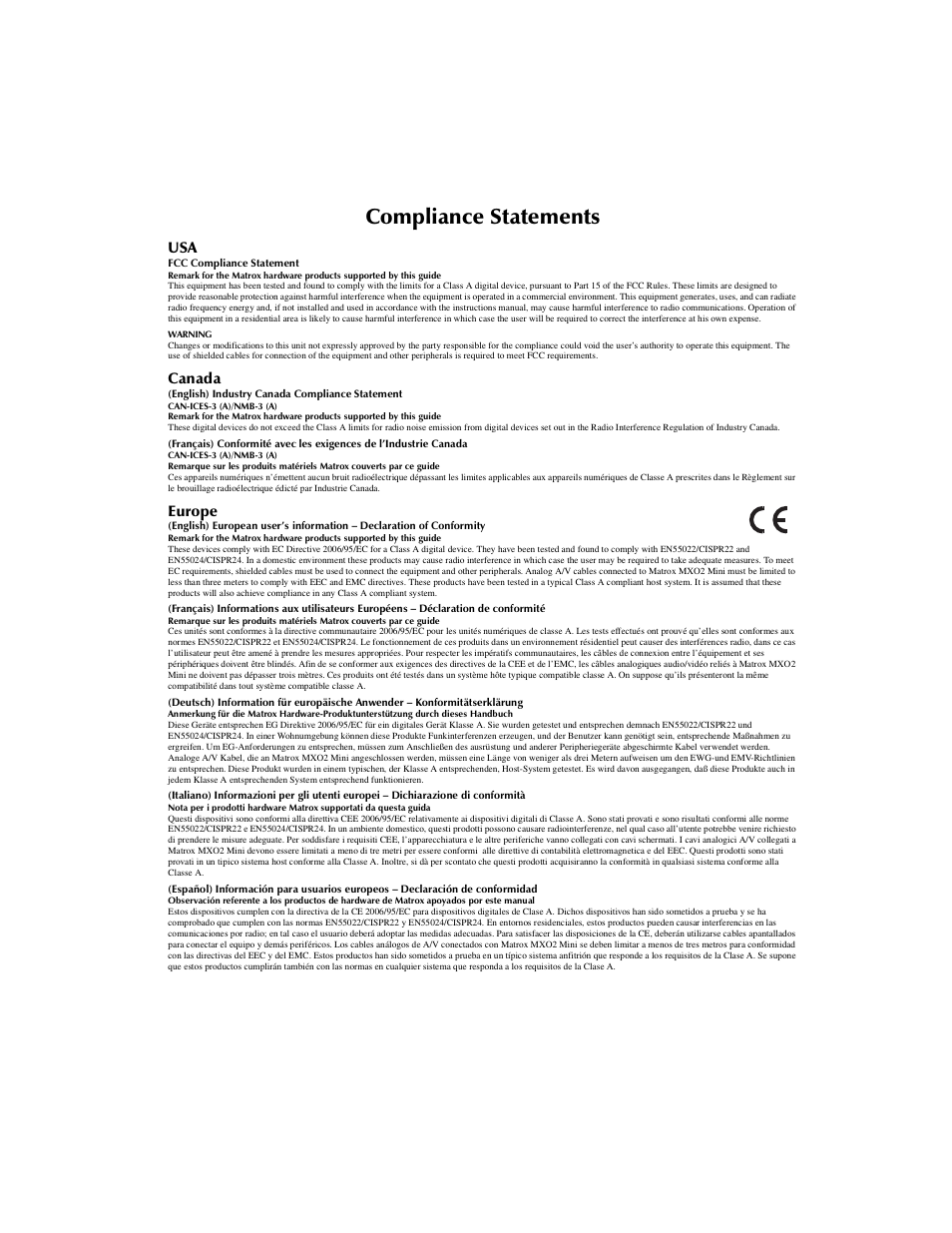 Compliance statements, Canada, Europe | Matrox MXO2 PCIe Host Adapter User Manual | Page 387 / 388