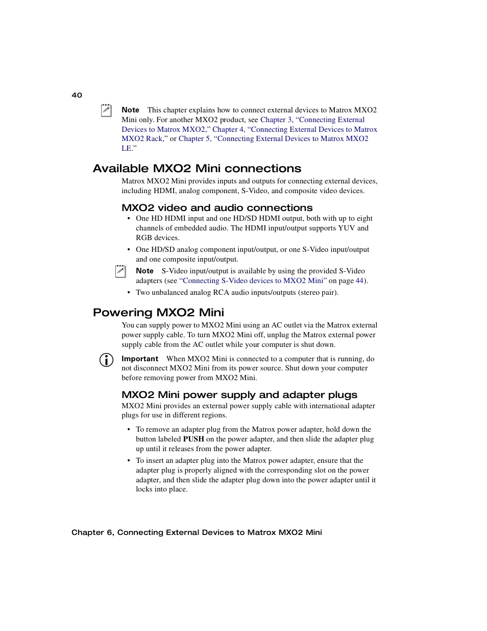 Available mxo2 mini connections, Mxo2 video and audio connections, Powering mxo2 mini | Mxo2 mini power supply and adapter plugs | Matrox MXO2 PCIe Host Adapter User Manual | Page 64 / 388