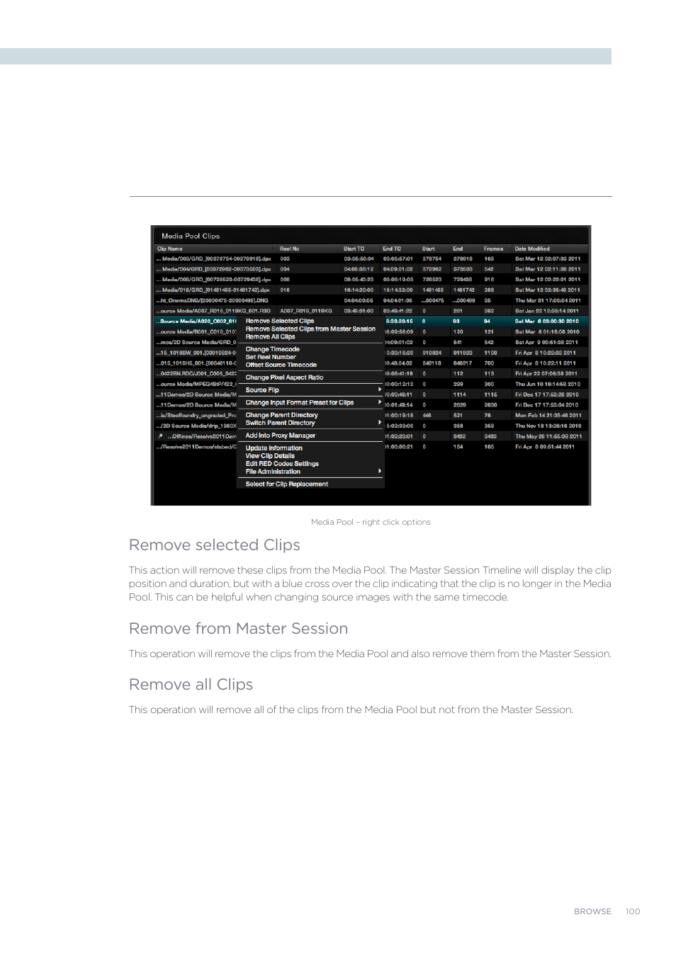 Remove selected clips, Remove from master session, Remove all clips | Blackmagic Design DaVinci Resolve Advanced Panel User Manual | Page 100 / 435