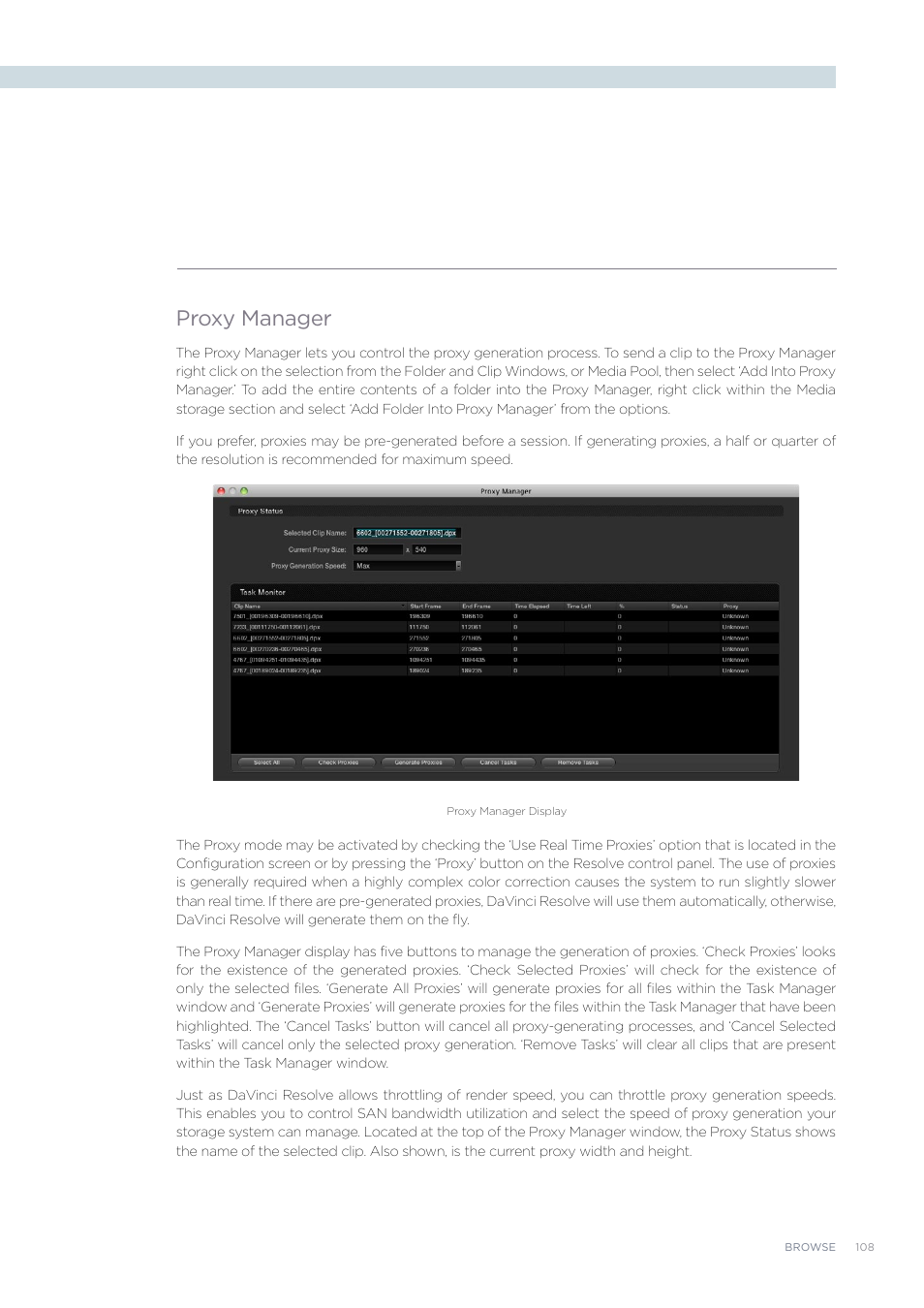 Proxy manager | Blackmagic Design DaVinci Resolve Advanced Panel User Manual | Page 108 / 435