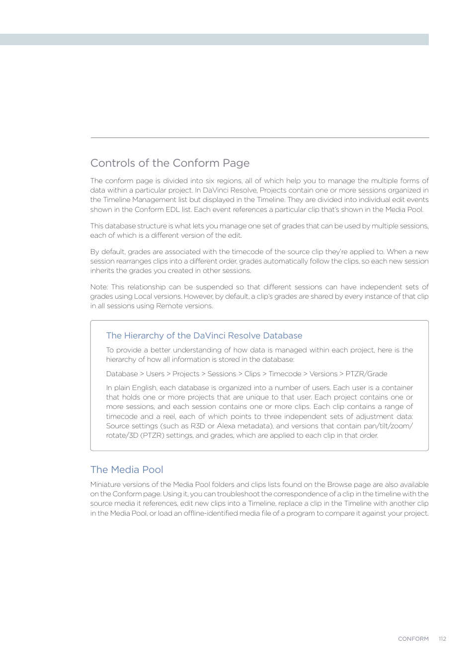Controls of the conform page, The media pool | Blackmagic Design DaVinci Resolve Advanced Panel User Manual | Page 112 / 435