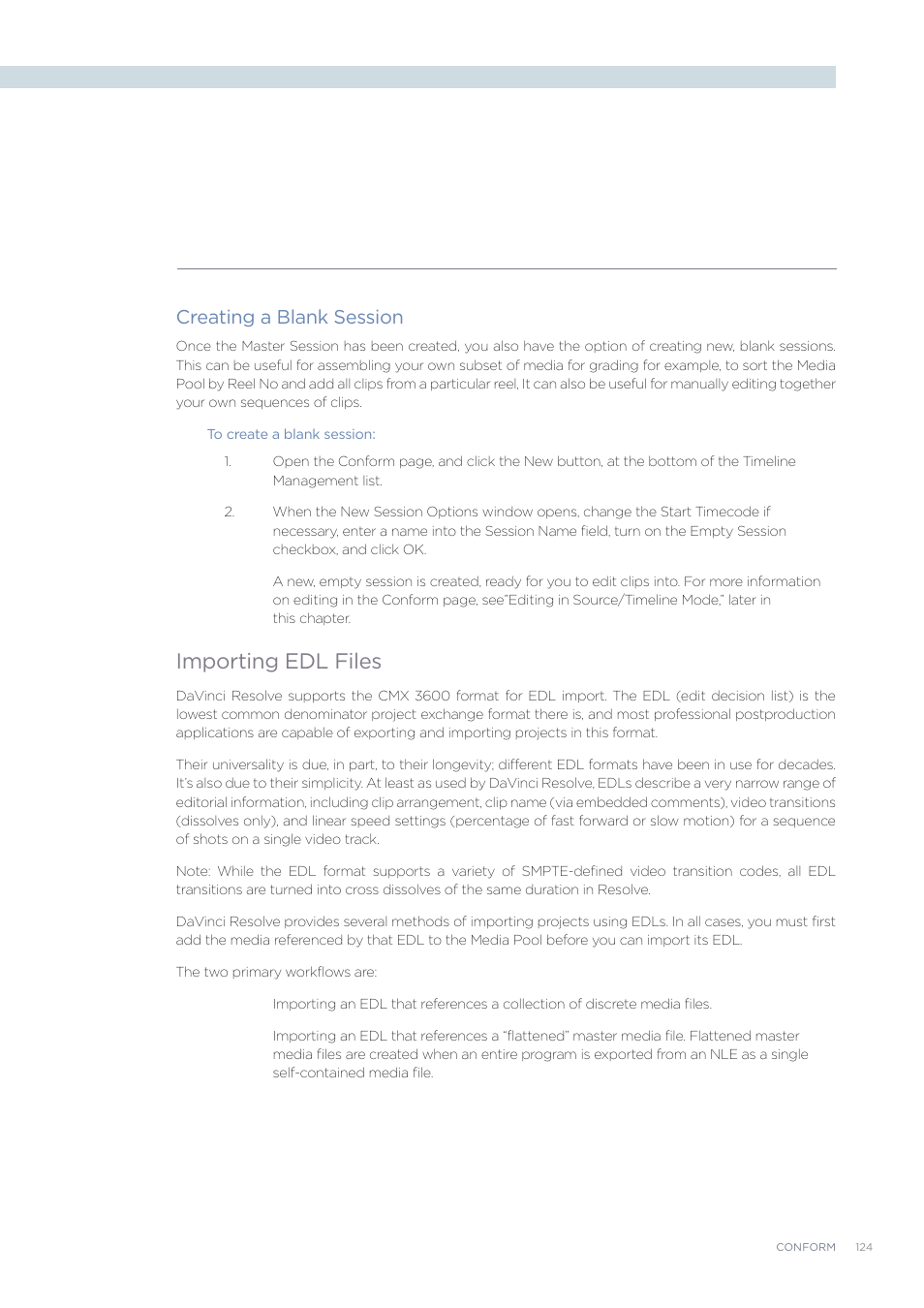 Importing edl files, Creating a blank session | Blackmagic Design DaVinci Resolve Advanced Panel User Manual | Page 124 / 435